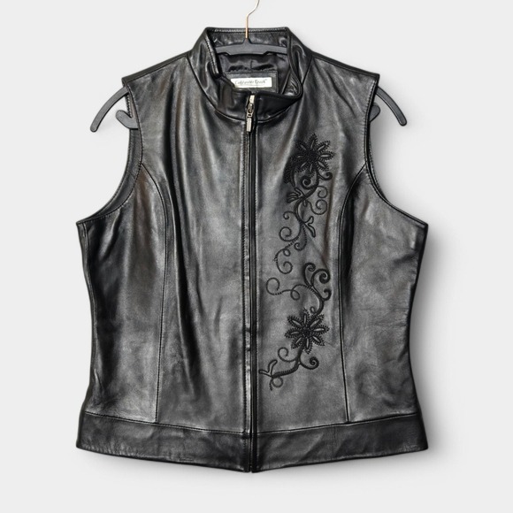 Coldwater Creek Jackets & Blazers - Coldwater Creek Leather Floral Embroidered Zip Up Vest Black M Western Biker NWT